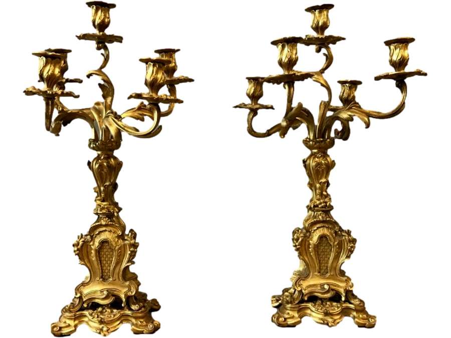 Pair Of Gilded Bronze Candelabra from The Louis XV Napoleon III Period - Candlesticks-Candelabra