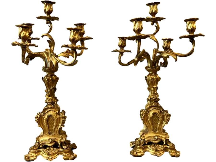 Paire De Candelabres En Bronze Doré d'époque Louis XV Napoléon III - Chandeliers-Candélabres