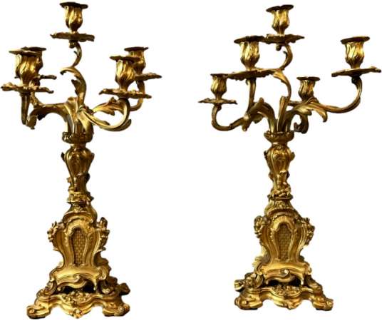 Paire De Candelabres En Bronze Doré d'époque Louis XV Napoléon III - Chandeliers-Candélabres