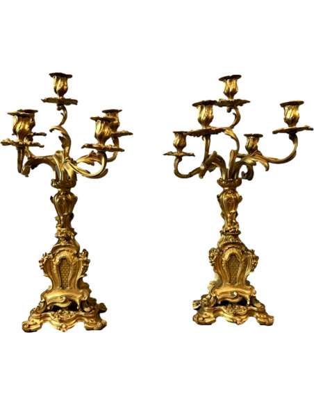 Pair Of Gilded Bronze Candelabra from The Louis XV Napoleon III Period - Candlesticks-Candelabra-Bozaart