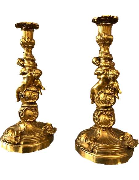 Pair Of Louis XV Torches In Gilded Bronze From The 18th Century - Candle Holders - Torches-Bozaart