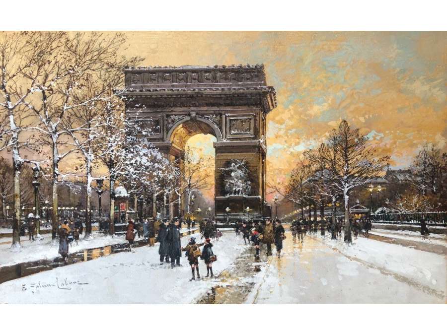 Galien Laloue Painting 20th Paris Animation On The Champs Elysees And Place De L'etoile Gouache - Paintings genre scenes
