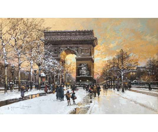 Galien Laloue Painting 20th Paris Animation On The Champs Elysees And Place De L'etoile Gouache - Paintings genre scenes