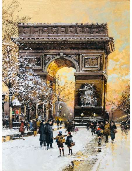 Galien Laloue Painting 20th Paris Animation On The Champs Elysees And Place De L'etoile Gouache - Paintings genre scenes-Bozaart