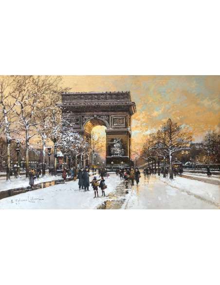 Galien Laloue Painting 20th Paris Animation On The Champs Elysees And Place De L'etoile Gouache - Paintings genre scenes-Bozaart