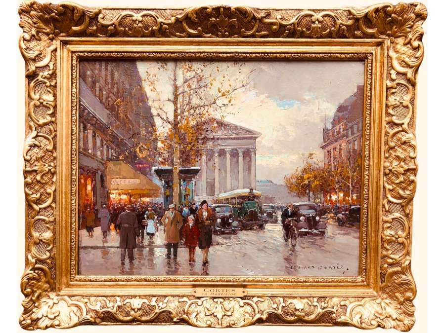 Cortes Edouard Royal Street And The Madeleine Autumn Day Oil On Canvas Signed - Landscape Paintings