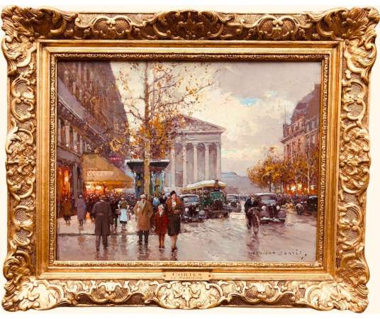 Cortes Edouard Royal Street And The Madeleine Autumn Day Oil On Canvas Signed - Landscape Paintings
