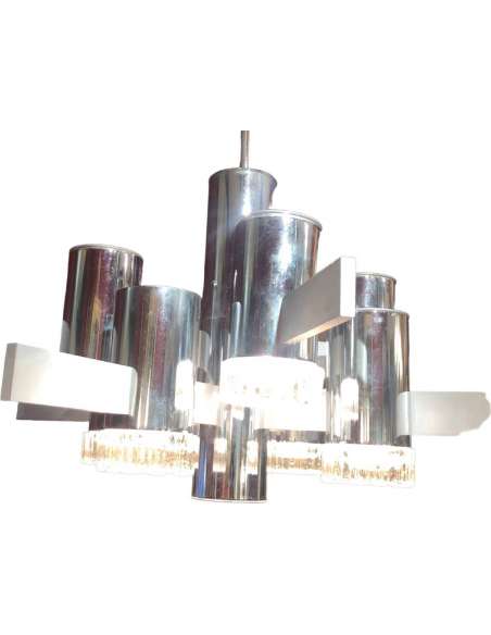 Starry Pendant Lamp In Brushed Steel And Chromed Metal with 8 Light Arms - Ceiling Lights and suspensions-Bozaart