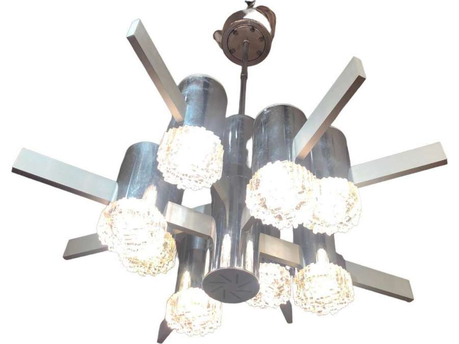 Starry Pendant Lamp In Brushed Steel And Chromed Metal with 8 Light Arms - Ceiling Lights and suspensions