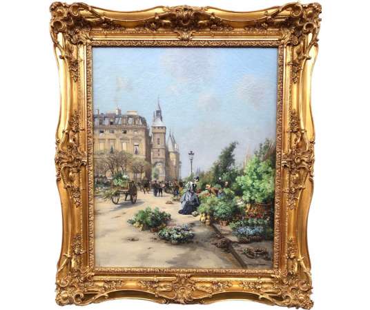 Laborne Emile Paris, The Flower Market And The Concierge Signed Oil - Paintings genre scenes