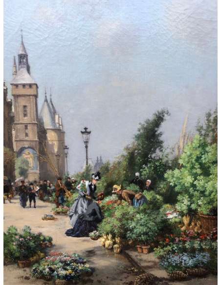 Laborne Emile Paris, The Flower Market And The Concierge Signed Oil - Paintings genre scenes-Bozaart