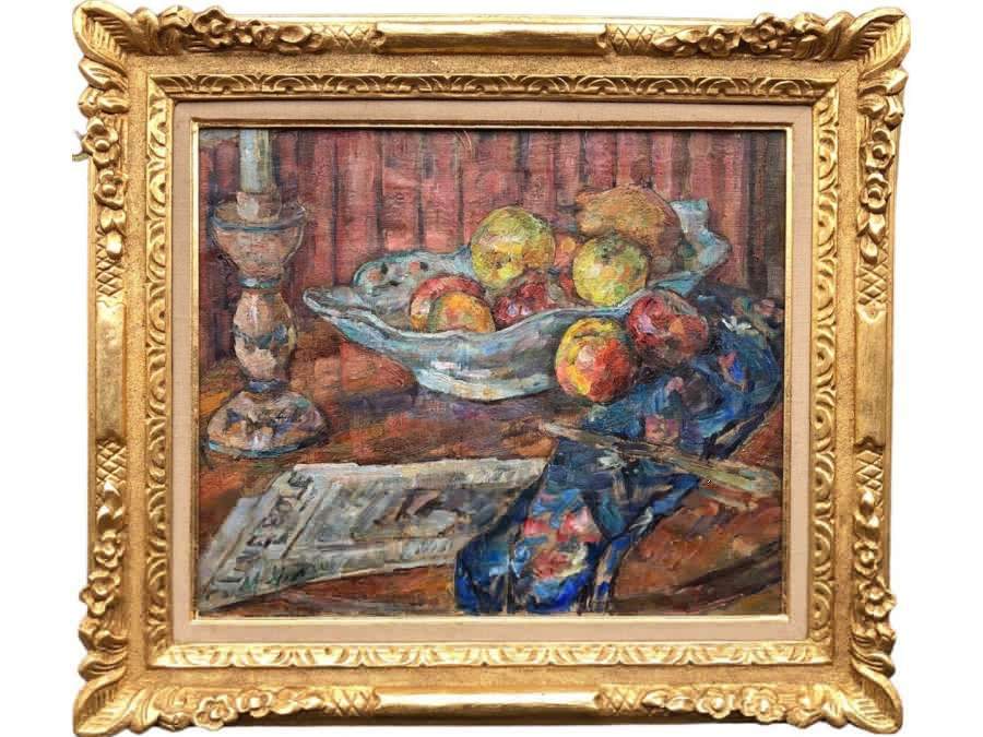Mavro Mania Still Life With Fruit Cup Oil On Canvas Signed
