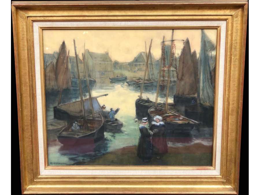 Barnoin Henri Old Painting Early 20th Brittany Return From Fishing in Concarneau Pastel Signed