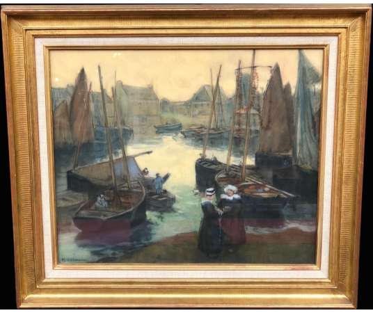 Barnoin Henri Old Painting Early 20th Brittany Return From Fishing in Concarneau Pastel Signed - Marine Paintings