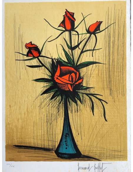 Buffet Bernard Les Roses Rouges Lithographie Couleurs Justifiée - lithographies-Bozaart
