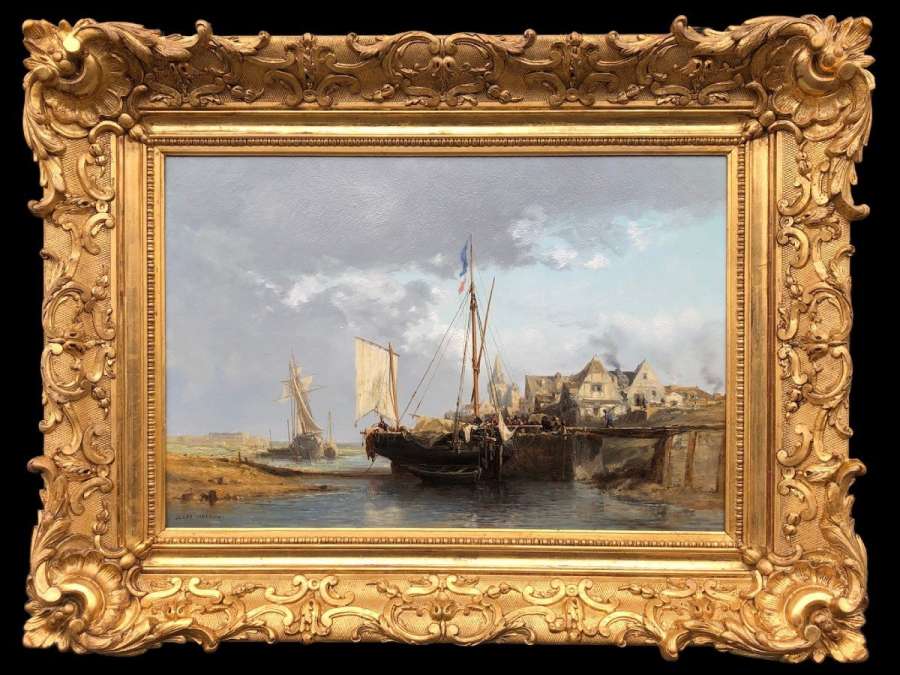 Noel Jules Tableau Français 19è L’avant Port Huile Sur Carton Fort Signée