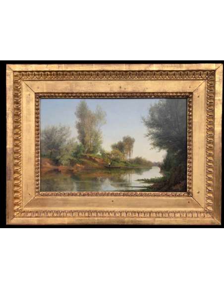 Rozier Jules French Painting 19th Boatman in Colombes In 1858 Signed Oil - Landscape Paintings-Bozaart