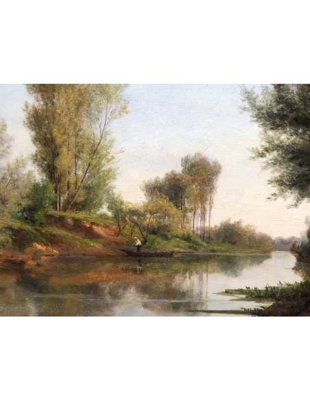 Rozier Jules Peinture Française 19è Batelier à Colombes En 1858 Huile Signée - Tableaux paysages-Bozaart