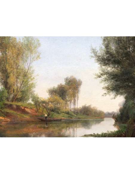 Rozier Jules Peinture Française 19è Batelier à Colombes En 1858 Huile Signée - Tableaux paysages-Bozaart
