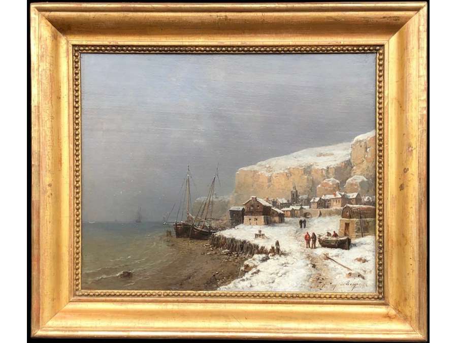 From Bergue Tony François French School 19th Snowy Normandy Coast Signed Oil - Landscape Paintings