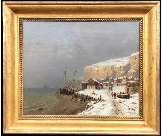 From Bergue Tony François French School 19th Snowy Normandy Coast Signed Oil - Landscape Paintings