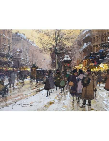 Galien Laloue Tableau 20è Paris Animation Théâtre Du Gymnase Grands Boulevards Gouache Signée - Gouaches-Bozaart