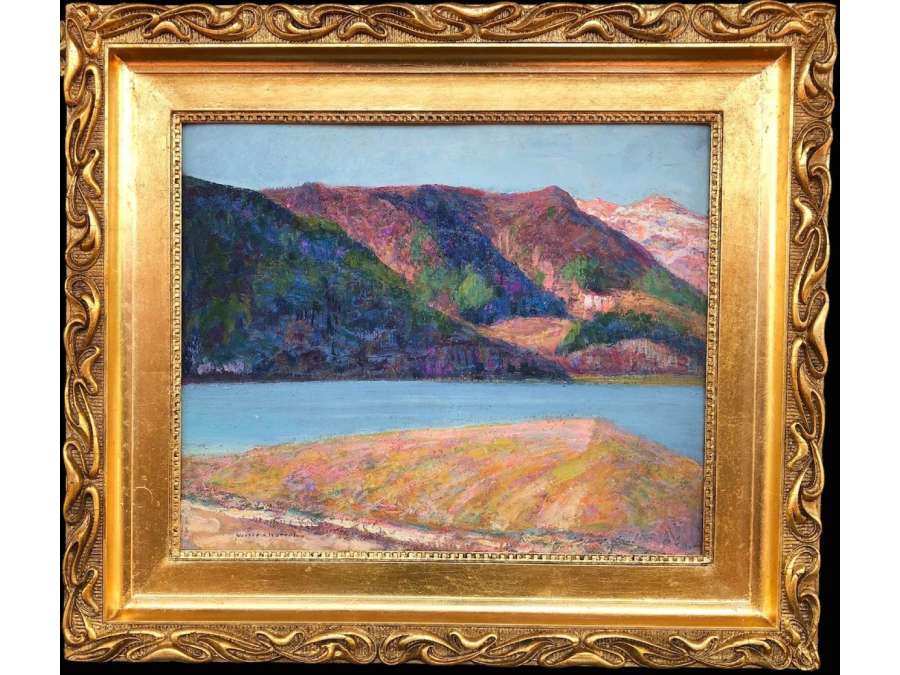Charreton Victor French School 20th Century Lake auvergne Signed Oil