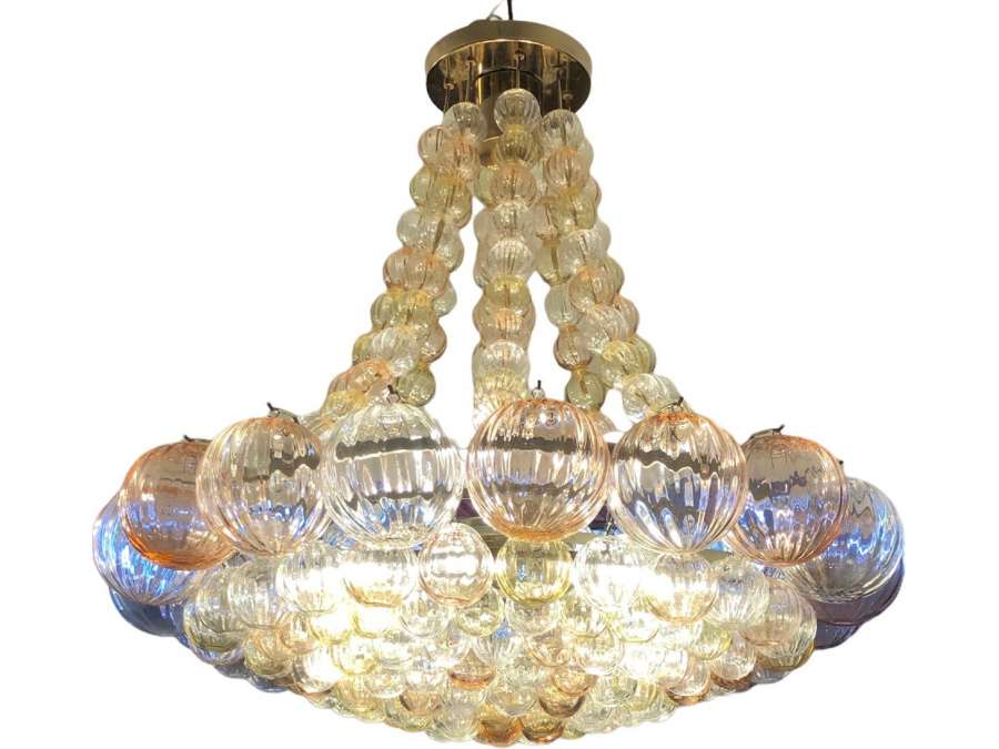 Lustre Murano / Veronese Soucoupe à Armature En Métal Ornementé De Boules De Verre Soufflé