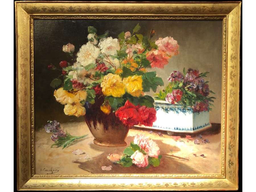 Cauchoix Eugène Bouquet Of Roses And Her Planter Oil On Canvas Signed - Still Life Paintings