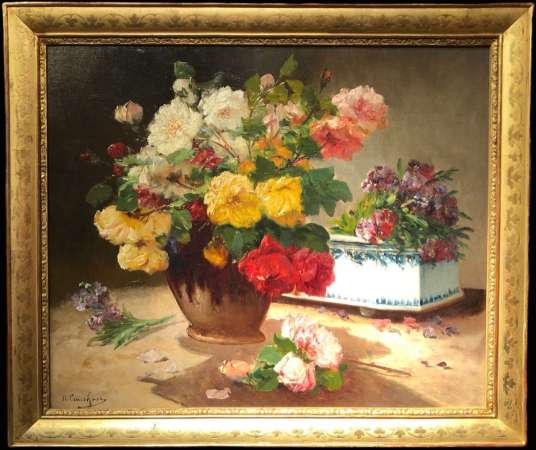 Cauchoix Eugène Bouquet Of Roses And Her Planter Oil On Canvas Signed - Still Life Paintings