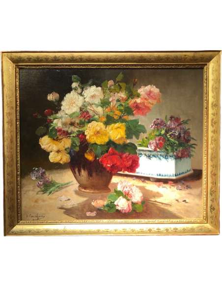 Cauchoix Eugène Bouquet Of Roses And Her Planter Oil On Canvas Signed - Still Life Paintings-Bozaart