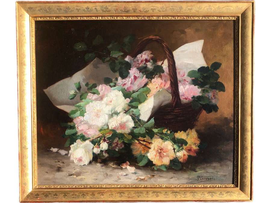 Cauchoix Eugène Bouquet Of Roses In A Basket Oil On Canvas Signed - Still Life Paintings