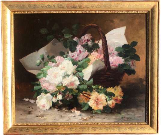 Cauchoix Eugène Bouquet Of Roses In A Basket Oil On Canvas Signed - Still Life Paintings