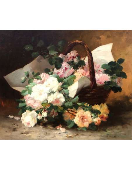 Cauchoix Eugène Bouquet De Roses Dans Un Panier Huile Sur Toile Signée - Tableaux natures mortes-Bozaart