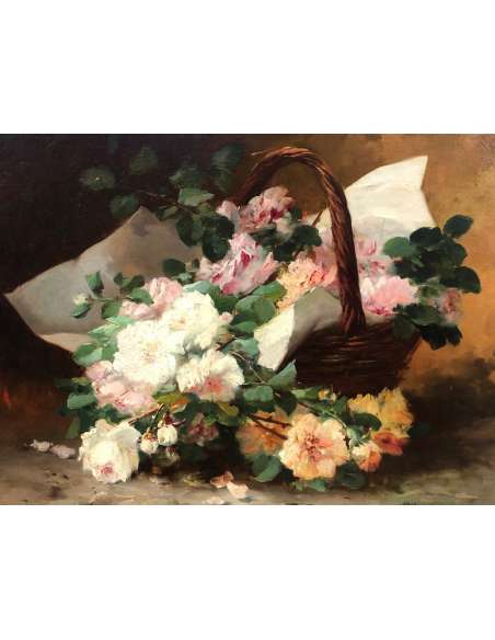 Cauchoix Eugène Bouquet De Roses Dans Un Panier Huile Sur Toile Signée - Tableaux natures mortes-Bozaart