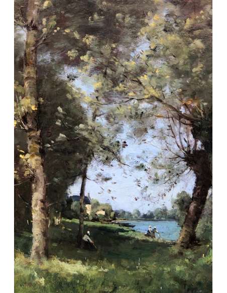 Trouillebert Paul Desire Painting 19th Barbizon School Washerwomen By The River Signed Oil - Landscape Paintings-Bozaart