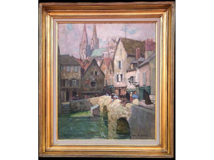 Herve Jules 20th Century Painting The Boujou Bridge The Cathedral Of Chartres Oil On Canvas Signed - Landscape Paintings