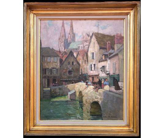 Herve Jules 20th Century Painting The Boujou Bridge The Cathedral Of Chartres Oil On Canvas Signed - Landscape Paintings