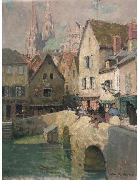 Herve Jules 20th Century Painting The Boujou Bridge The Cathedral Of Chartres Oil On Canvas Signed - Landscape Paintings-Bozaart