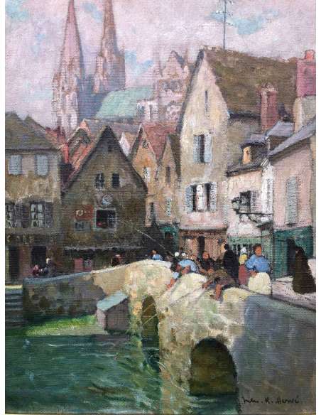 Herve Jules 20th Century Painting The Boujou Bridge The Cathedral Of Chartres Oil On Canvas Signed - Landscape Paintings-Bozaart