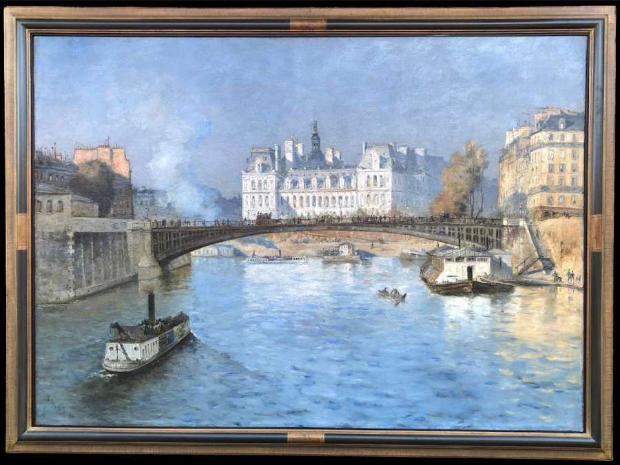Frank Boggs American School Paris the Town Hall Seen From The Arcole Bridge Oil On Canvas Signed - Landscape Paintings