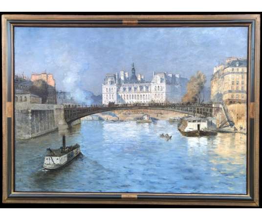 Frank Boggs American School Paris the Town Hall Seen From The Arcole Bridge Oil On Canvas Signed - Landscape Paintings