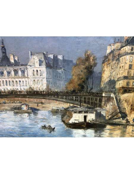 Frank Boggs American School Paris the Town Hall Seen From The Arcole Bridge Oil On Canvas Signed - Landscape Paintings-Bozaart