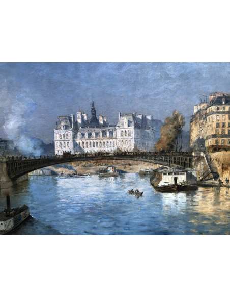 Frank Boggs American School Paris the Town Hall Seen From The Arcole Bridge Oil On Canvas Signed - Landscape Paintings-Bozaart