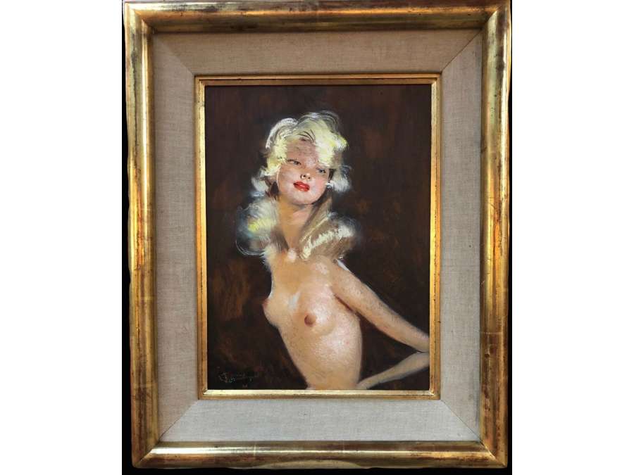 Domergue Jg Tableau XXè Siècle Peinture Mondaine Jolie Blonde En Buste Huile Sur Isorel Signée