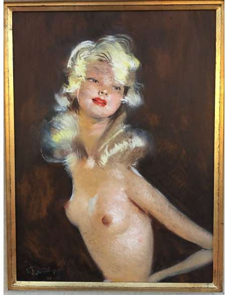 Domergue Jg Tableau XXè Siècle Peinture Mondaine Jolie Blonde En Buste Huile Sur Isorel Signée - Tableaux autre genre-Bozaart