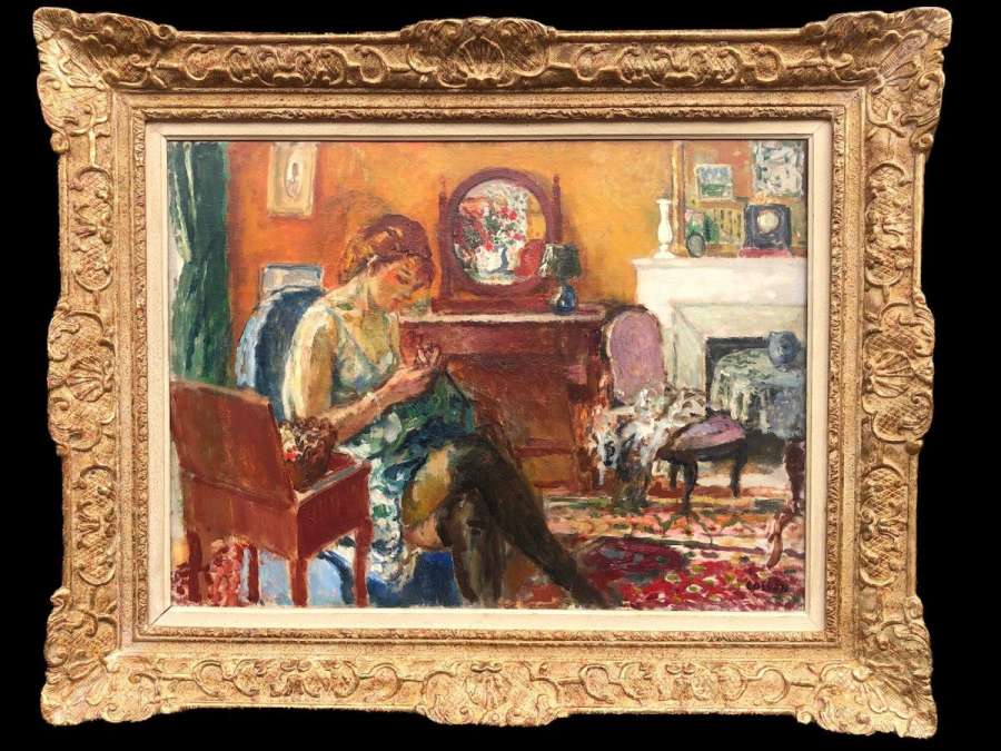 Cosson Marcel Painting Early 20th Woman Sewing Signed Oil Painting
