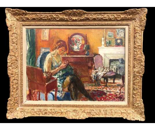 Cosson Marcel Painting Early 20th Woman Sewing Signed Oil Painting - Paintings genre scenes