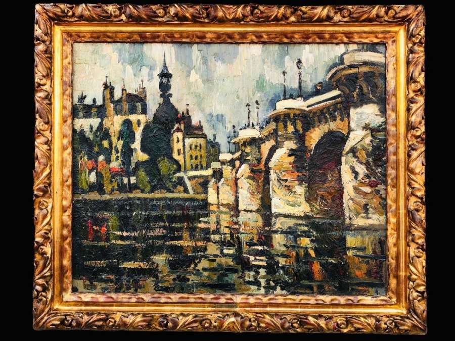 Dumont Pierre Painting 20th Century Paris Pont Neuf On The Seine Oil Painting On Canvas Signed