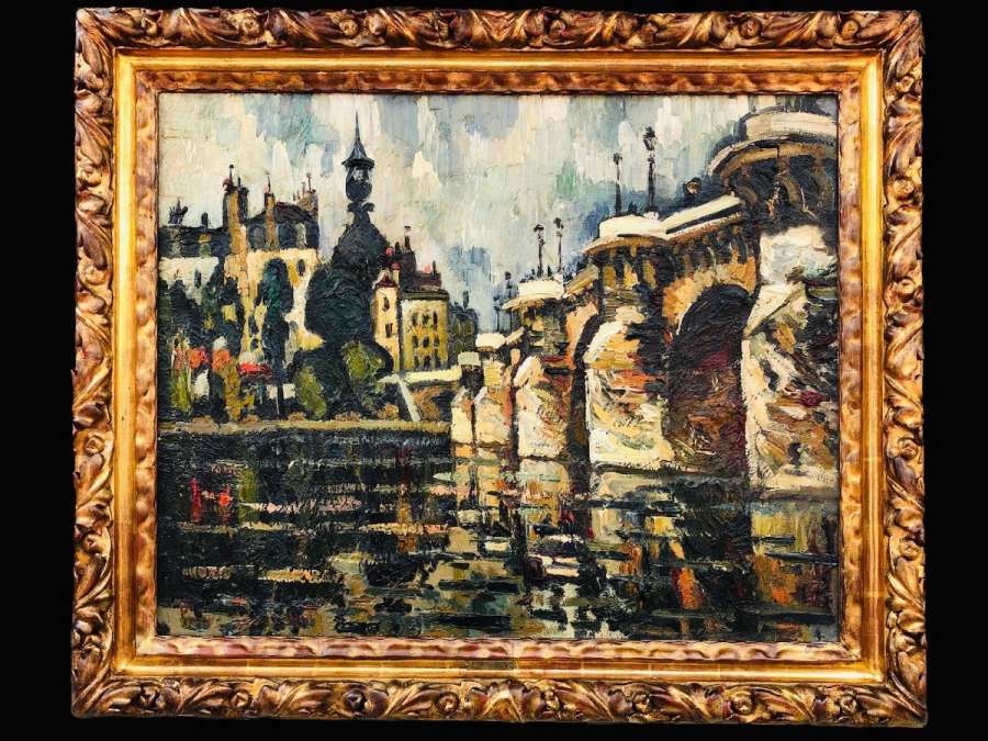 Dumont Pierre Painting 20th Century Paris Pont Neuf On The Seine Signed Oil Painting On Canvas - Landscape Paintings